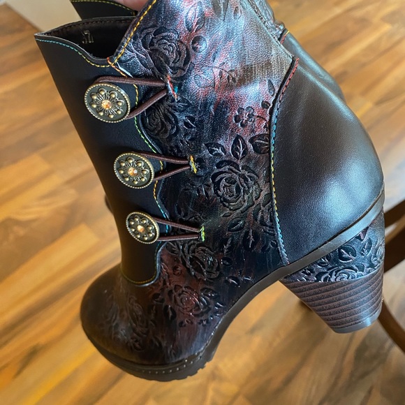 New Retro Handmade floral stitching button boots 37 (US 6) Black zip - Picture 7 of 17